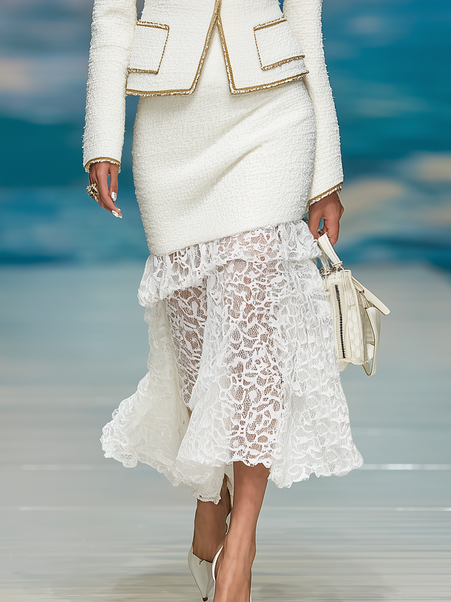 Ensemble Élégant en Tweed : Veste à Col Rond et Jupe à Bord Contrastant