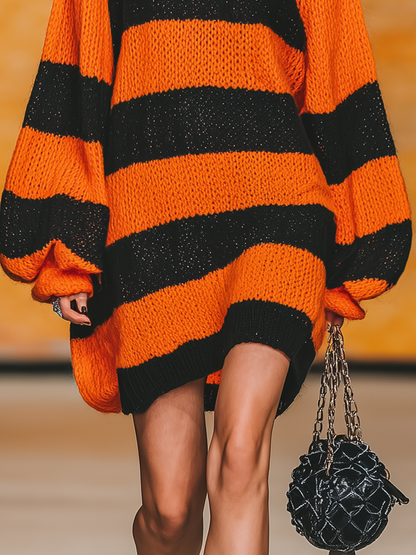Robe Vintage en Tricot à Col Rond avec Manches Lanternes et Rayures Contrastées
