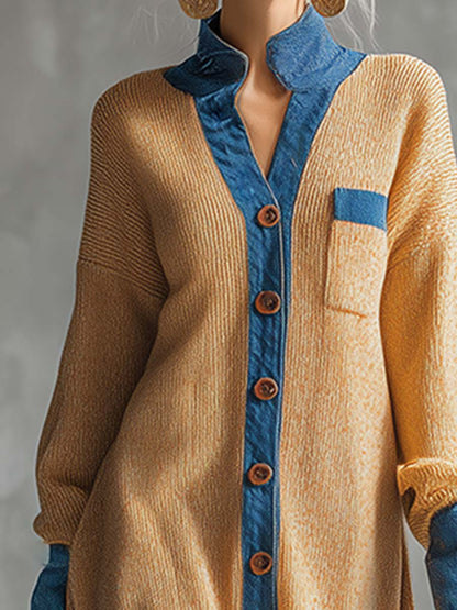 Cardigan Maxi Tricoté avec Bordures en Denim - Teinte Gingembre