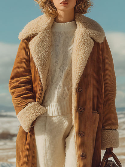 Veste en Velours Côtelé Camel avec Doublure Polaire Rétro