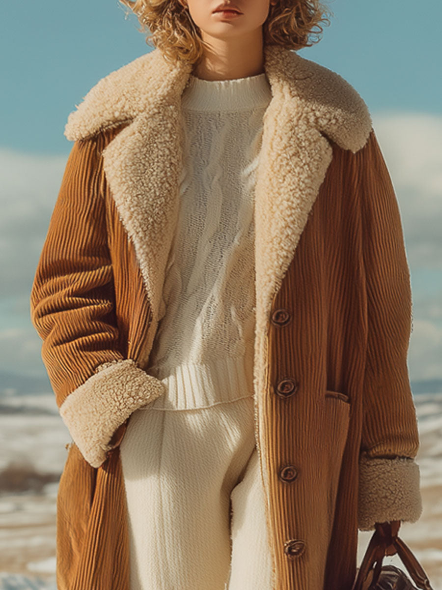 Veste en velours côtelé camel rétro avec doublure en polaire