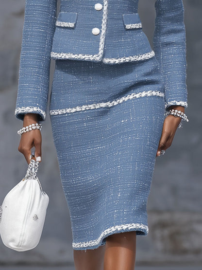 Ensemble Chic : Veste à Boutons Simples et Jupe en Tweed