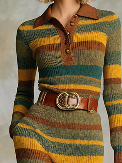 Robe Maxi Tricotée à Rayures Vertes et Marron avec Détails Western Vintage