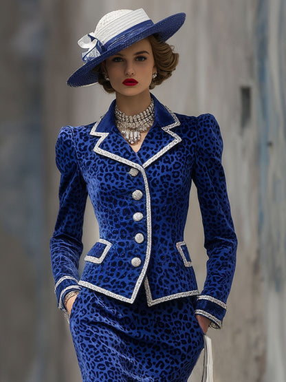 Ensemble Chic en Velours Léopard : Veste Élégante et Jupe à Revers