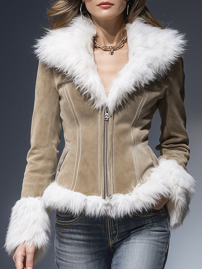 Veste Khaki en Suédine avec Détails en Peluche Vintage