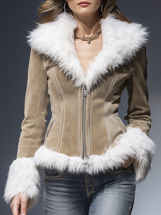 Veste zippée en faux suède kaki avec col en peluche rétro