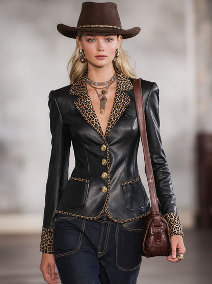 Blazer Casual en Simili Cuir à Boutonnage Unique avec Imprimé Léopard