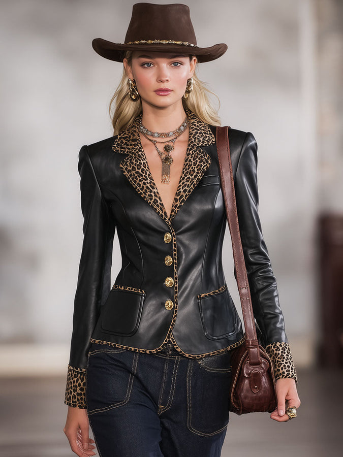 Blazer Casual en Simili Cuir à Boutonnage Unique avec Imprimé Léopard
