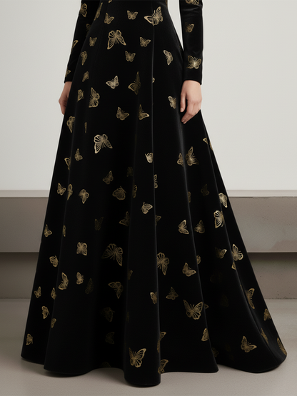 Robe Velours Élégante à Col Rond et Manches Longues, Ornée de Motifs de Papillons Dorés