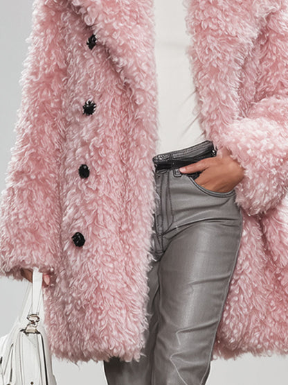 Veste en fausse fourrure bouclée rose avec col à boutons