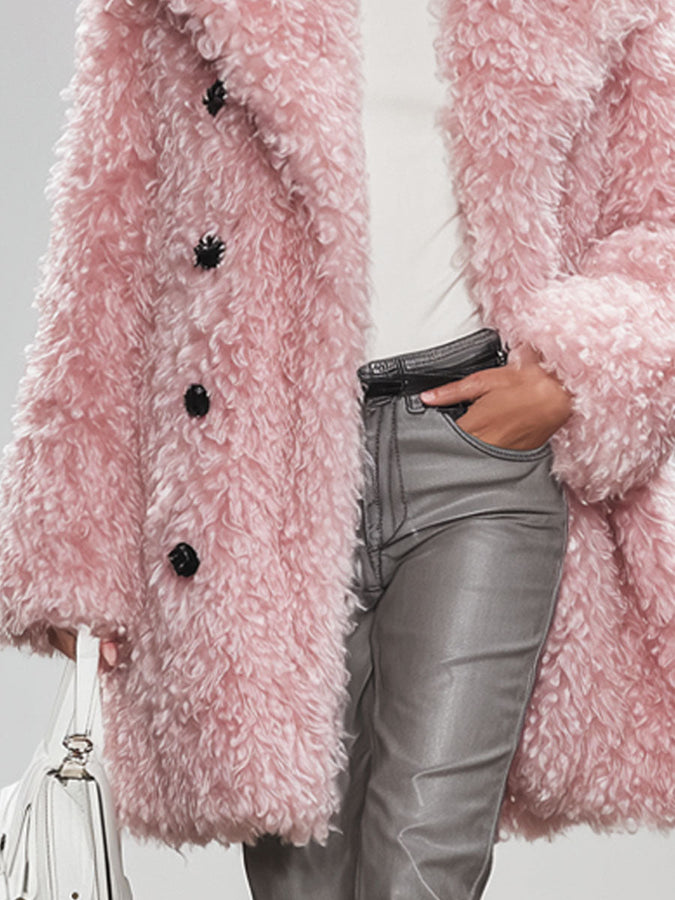 Veste en fausse fourrure bouclée rose avec col à boutons