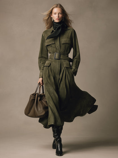 Robe Midi en Suédine Verte au Charme Western Rétro