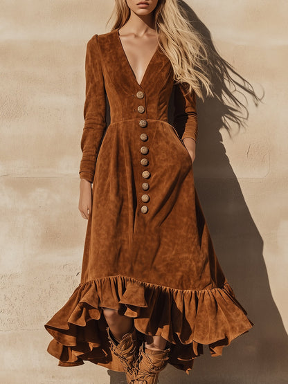 Robe Maxi en Faux Suède Caramel avec Volants au Style Vintage Western