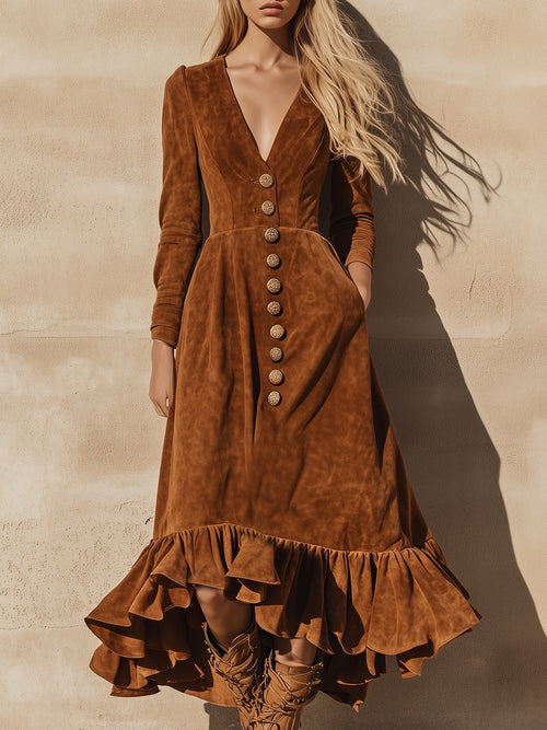 Robe Maxi en Faux Suède Caramel avec Volants au Style Vintage Western