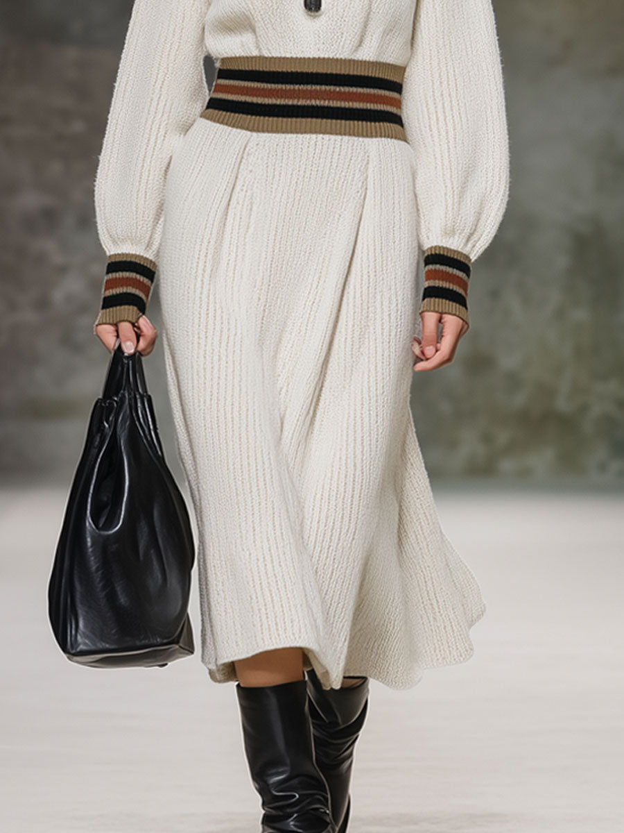 Robe Midi Tricotée Blanche à Rayures Vintage - Style Décontracté