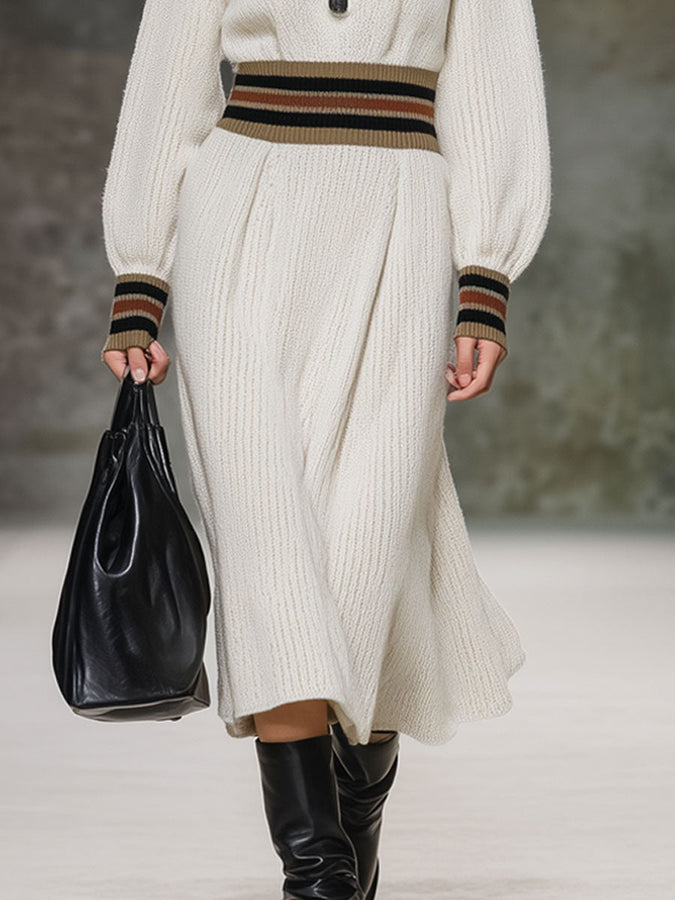 Robe Midi Rétro Striée en Tricot Blanc - Style Décontracté