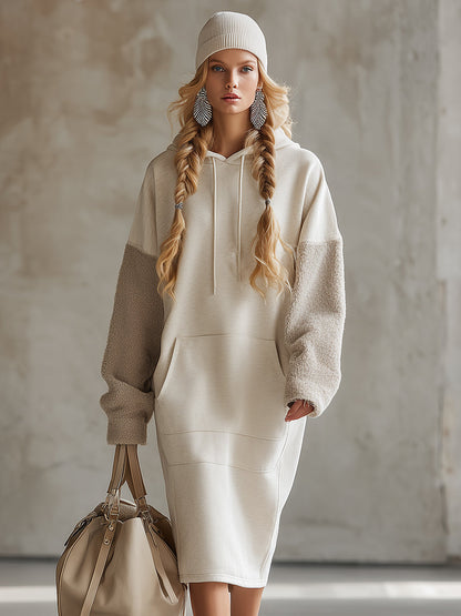 Chic et Confort : Robe Midi Sweat à Capuche en Polaire Beige Oversize