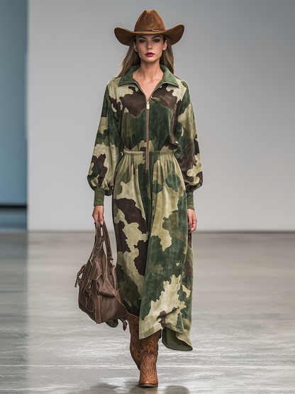 Robe Maxi en Suédine Camouflage à Col Zippé - Style Sportif Rétro