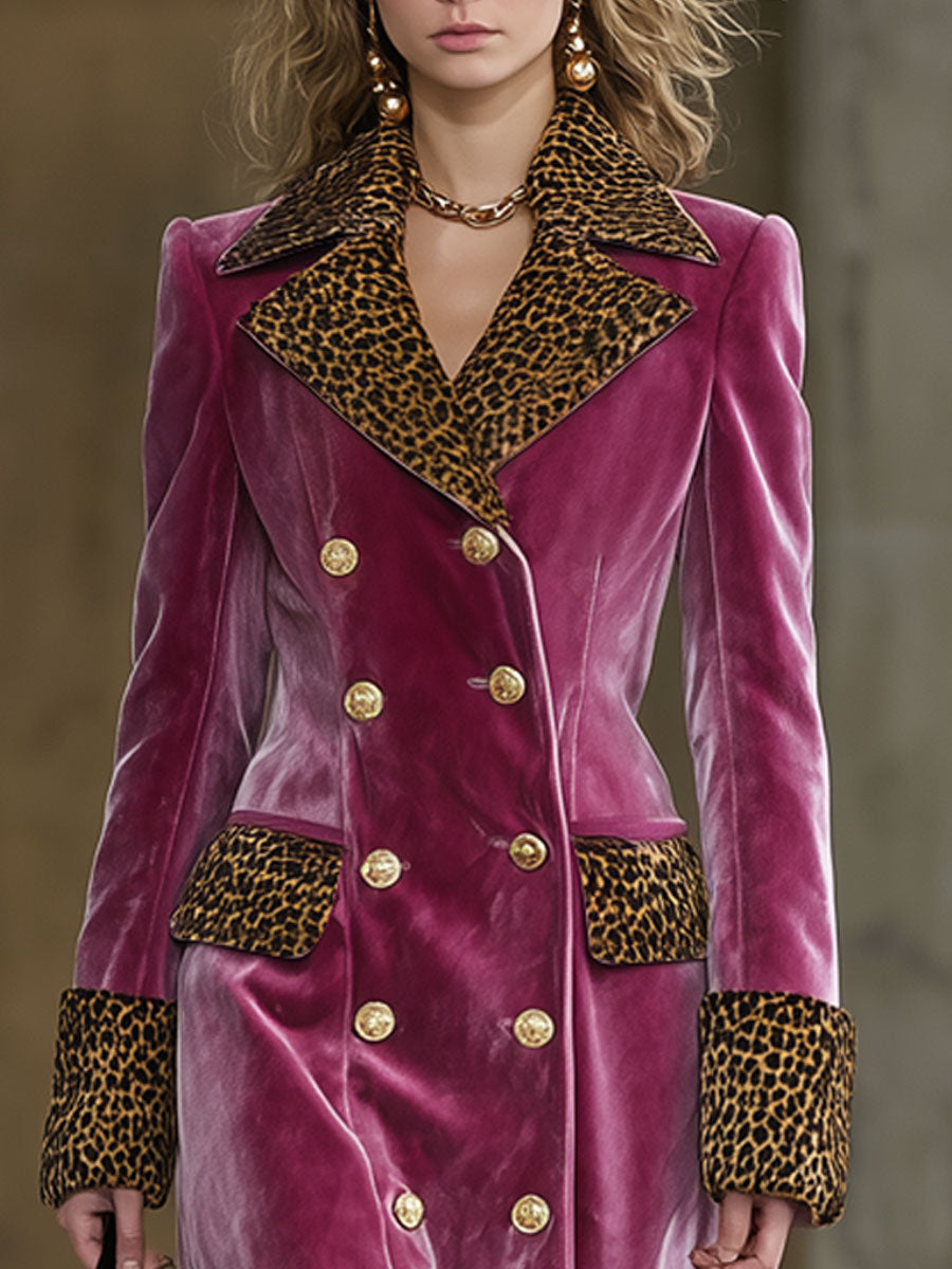 Long Velvet Coat in Vintage Brown Leopard Print with Rose Red Elegance
