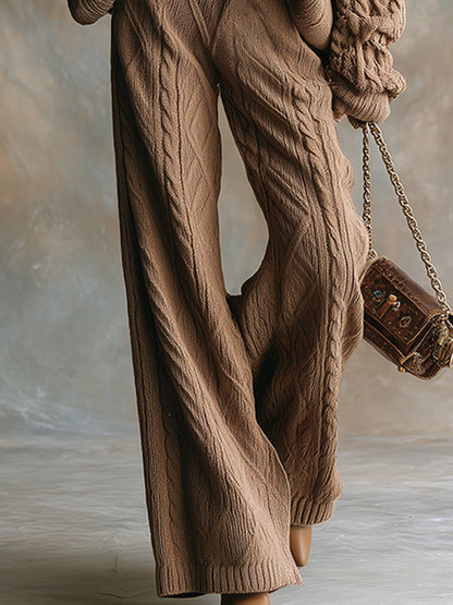 Ensemble Décontracté en Maille Torsadée Marron avec Pantalon à Jambes Larges