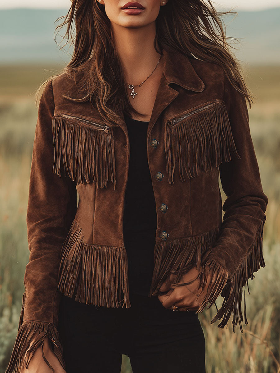 Veste en Suède Marron avec Franges - Élégance Western à Zip