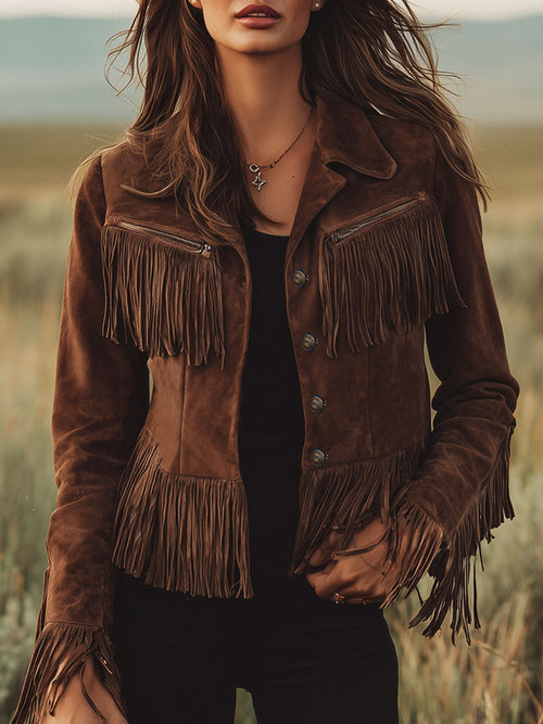 Veste en Suède Marron avec Franges - Élégance Western à Zip