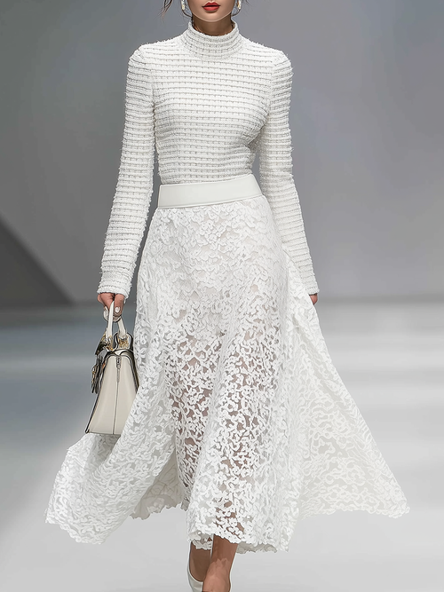 Ensemble Chic : Haut à Col Montant et Jupe A-Line en Dentelle à Manches Longues