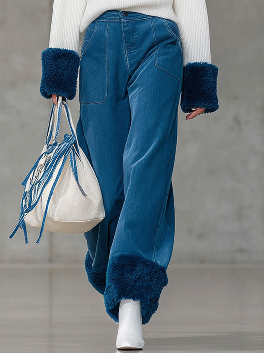Jean Vintage Décontracté Bleu à Jambes Roulées en Polaire