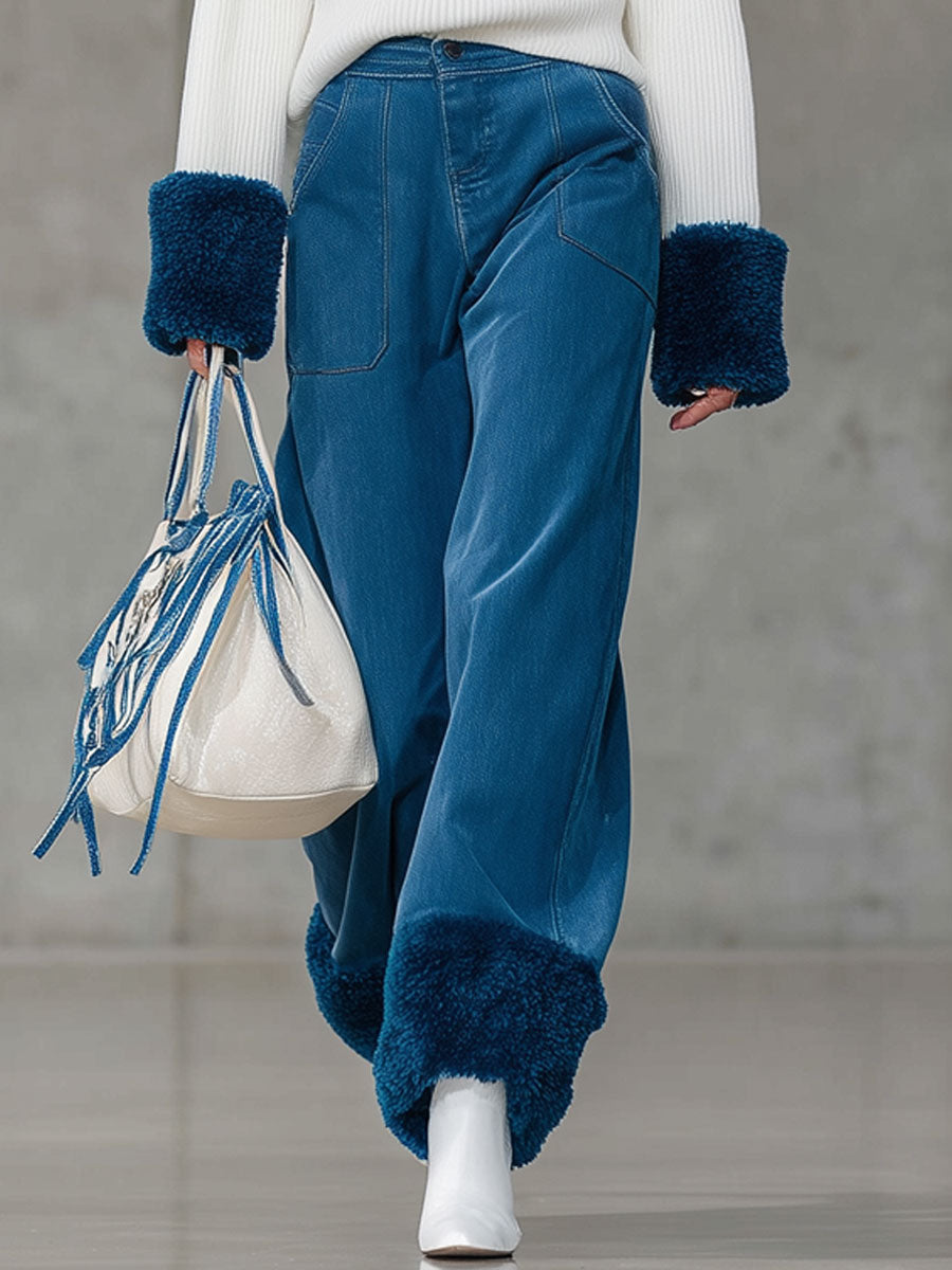 Jean Vintage Bleu Décontracté en Polaire - Coupe Largement Retroussée