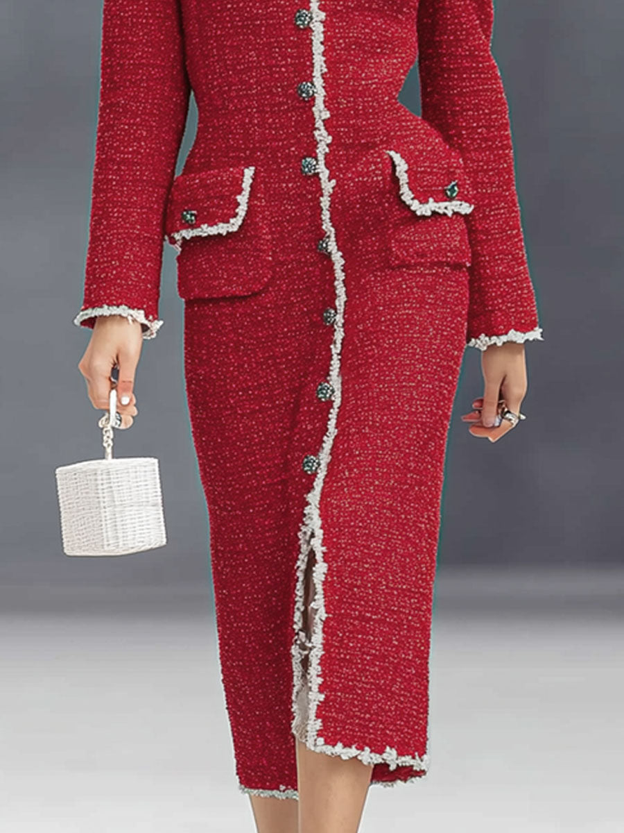 Robe Midi Élégante en Tissu Texturé avec Col Rond et Boutons Chic