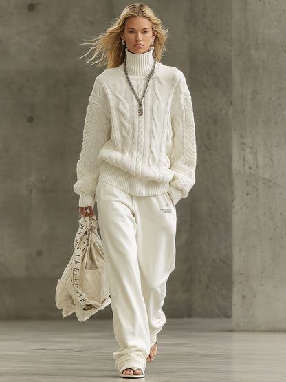 Pull Rétro Blanc à Col Roulé en Maille Torsadée