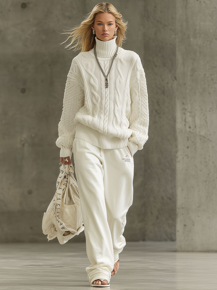 Pull Rétro en Tricot Blanc à Col Roulé