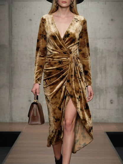 Robe Midi Vintage en Velours Imprimé Caramel : Élégance Rétro au Toucher Doux
