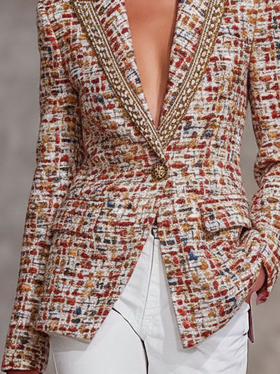 Vibrant Tweed Blazer with Contrasting Ribbon and Single Button Closure