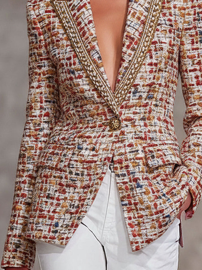 Veste en Tweed Coloré avec Revers Élégants, Détail en Ruban Contrastant et Bouton Unique