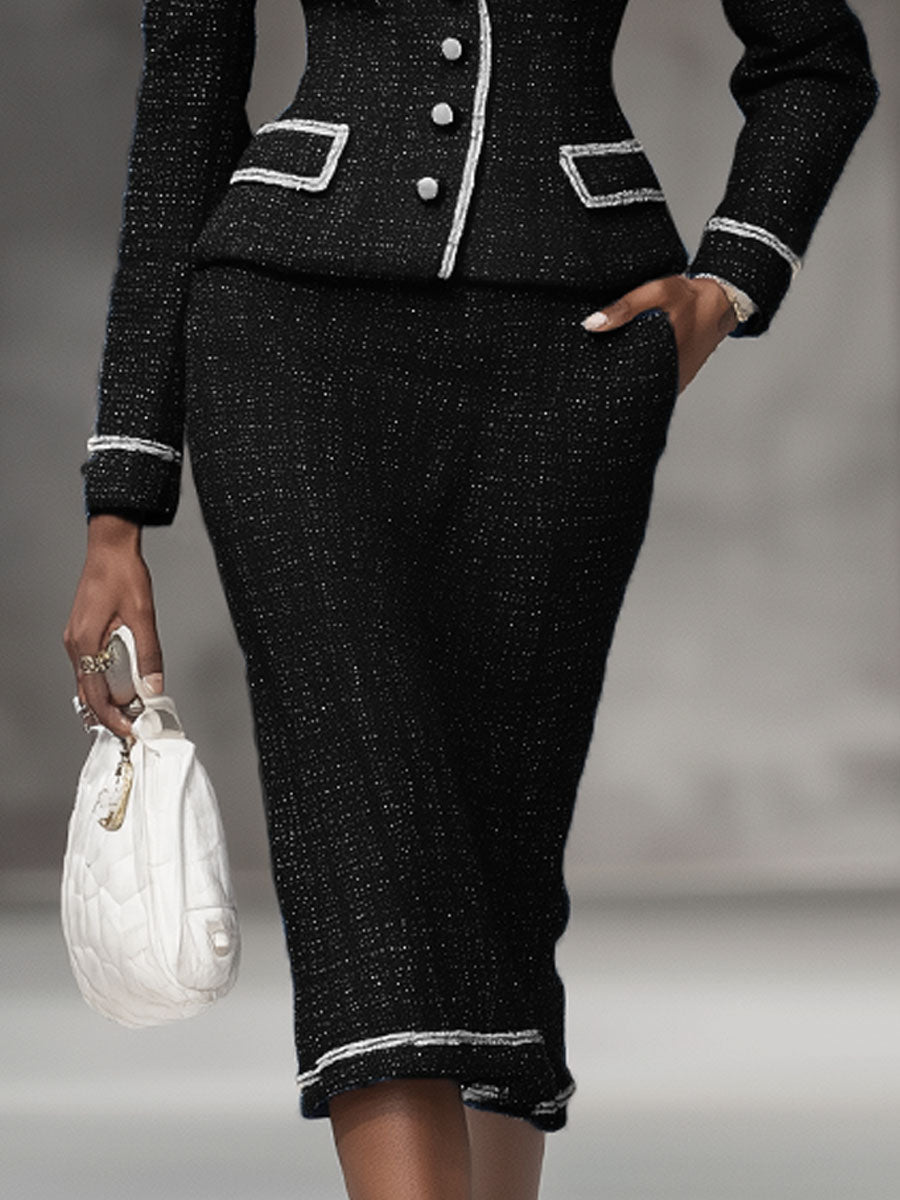 Ensemble Chic : Veste à Revers Élégant et Jupe en Tweed - Costume Deux-Pièces