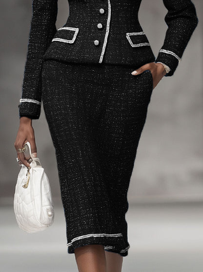 Ensemble Chic : Veste à Revers à Bouton Unique et Jupe en Tweed