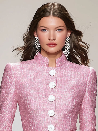 Veste en Tweed Élégante avec Col Montant et Fermeture Boutonnée