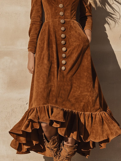 Robe Maxi en Faux Suède Caramel avec Volants et Détails Vintage