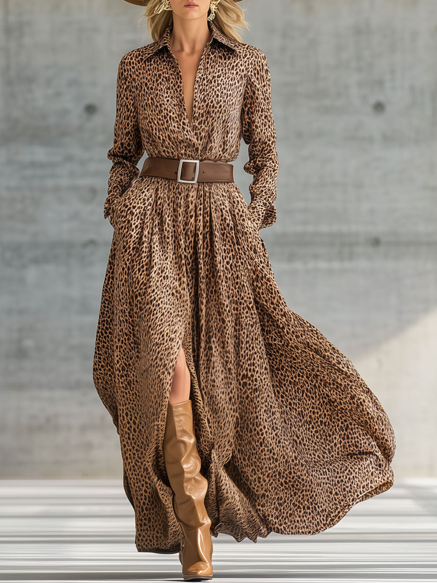 Robe Maxi Imprimée Léopard Marron avec Ceinture - Style Rétro