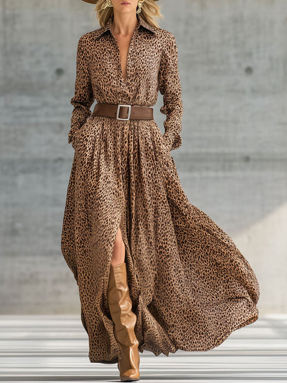Robe Maxi Imprimée Léopard Marron avec Ceinture - Style Rétro