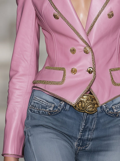Blazer Rose en Similicuir avec Détails Dorés