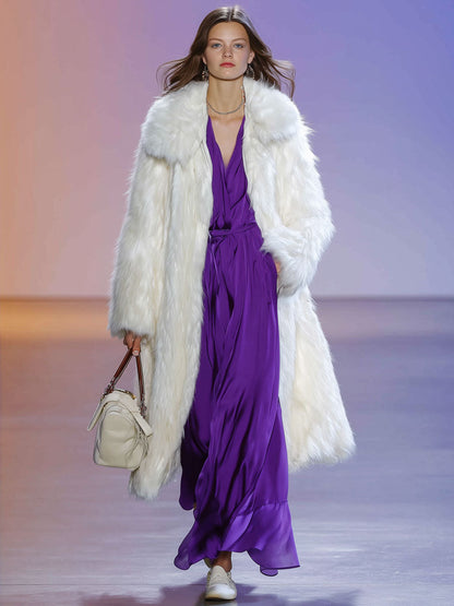 Chic et Élégant Manteau Long en Fausse Fourrure Blanche au Style Rétro