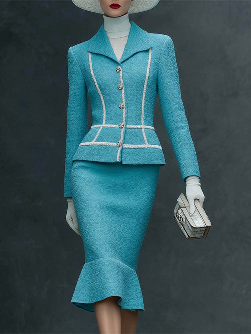 Ensemble Élégant : Veste et Jupe en Tweed Bleu avec Détails en Sangle Blanche