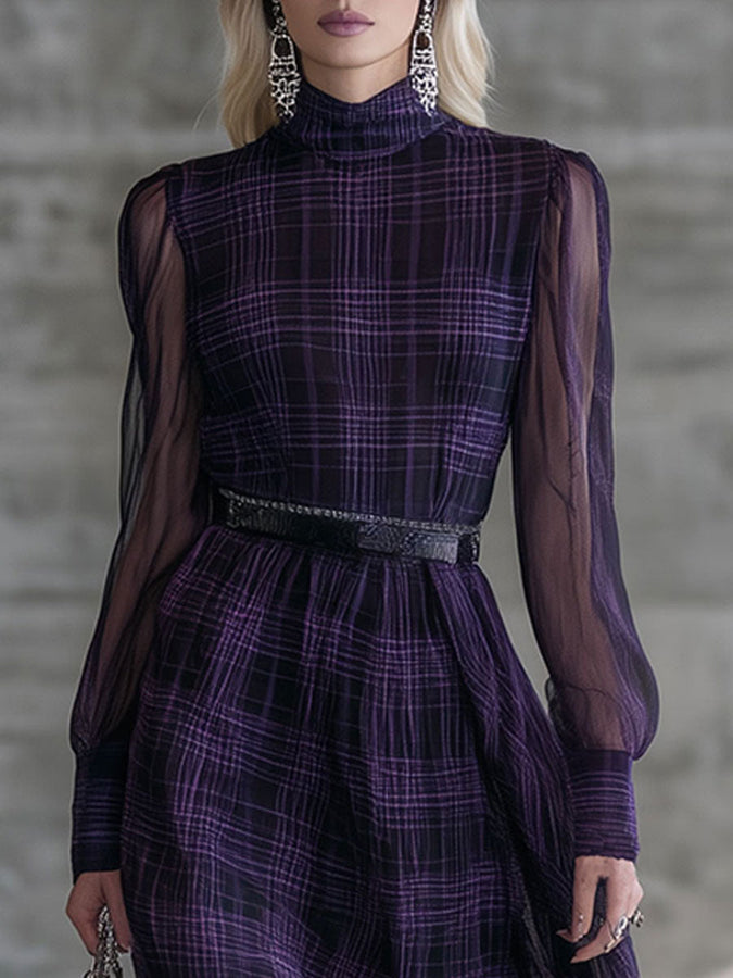 Robe Maxi Vintage Violet en Organza et Coton à Carreaux avec Col Roulé et Manches Longues