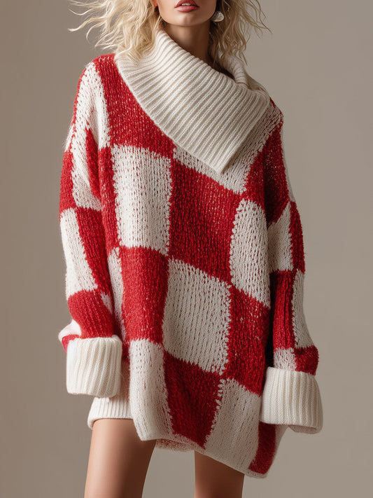 Robe Mini Tricotée à Col Asymétrique en Vichy Rouge et Blanc