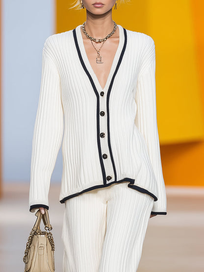 Ensemble Élégant en Tricot Blanc : Cardigan à Col V avec Boutons et Pantalon à Bord Noir