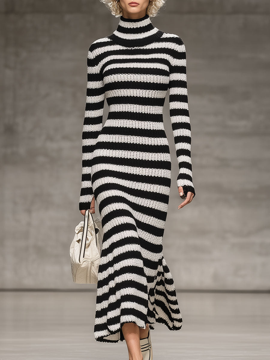 Robe Midi Fishtail Rayée Noir et Blanc avec Col Montant - Élégance Rétro