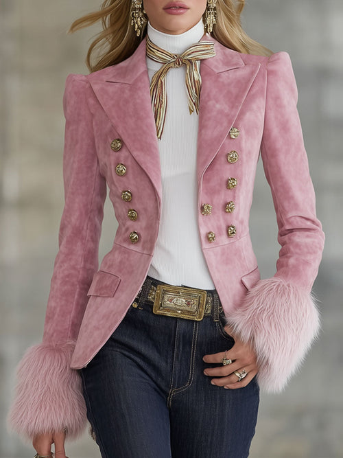 Veste en Faux Suède et Fourrure à Boutons Multiples avec Revers Élégant