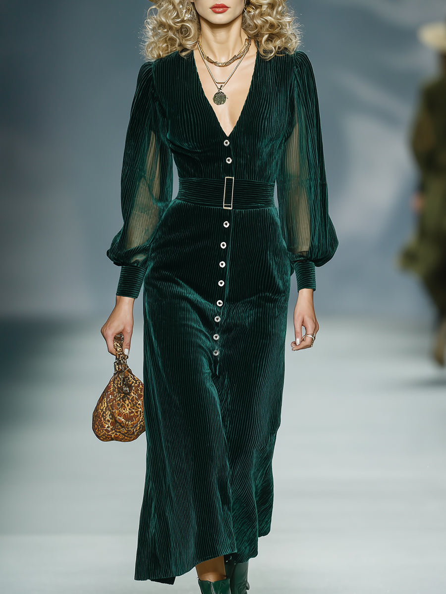 Robe Midi en Velours Côtelé Vert Foncé - Élégance Rétro Luxe